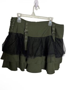 Thorn & Fable green & black tulle tiered steampunk military mini skirt size XL